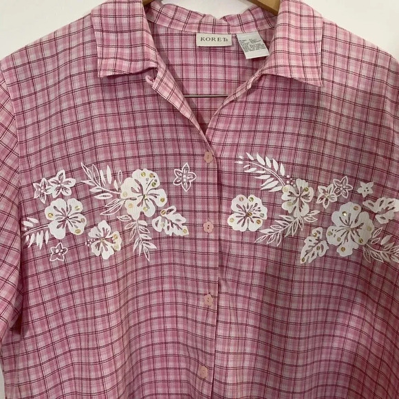 Koret Pale Pink Vintage Tropical Flower Buttons Gingham Sequin Size Large Retro - Picture 6 of 8